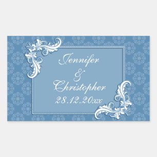Stahlblau-Damast und Blumenrahmen-Hochzeit Rechteckiger Aufkleber