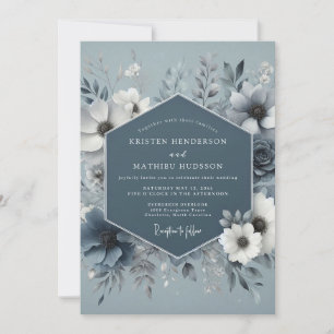 Stahlblau Eisige Blütenhochzeit Einladung