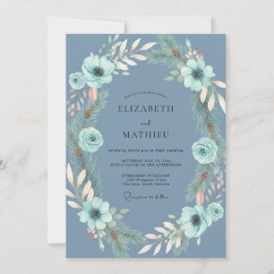 Stahlblaue-Aquafarbene-Eukalyptus-Hochzeit Einladung