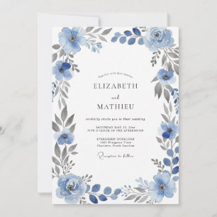 Stahlblaue Aquarell-Blumenhochzeit Einladung