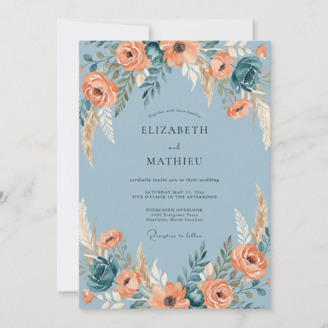 Stahlblaue atemberaubende Boho-Hochzeit Einladung (Vorderseite)