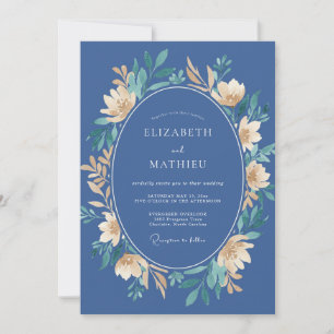 Stahlblaue Blasse Goldene Blumige Hochzeit Einladung