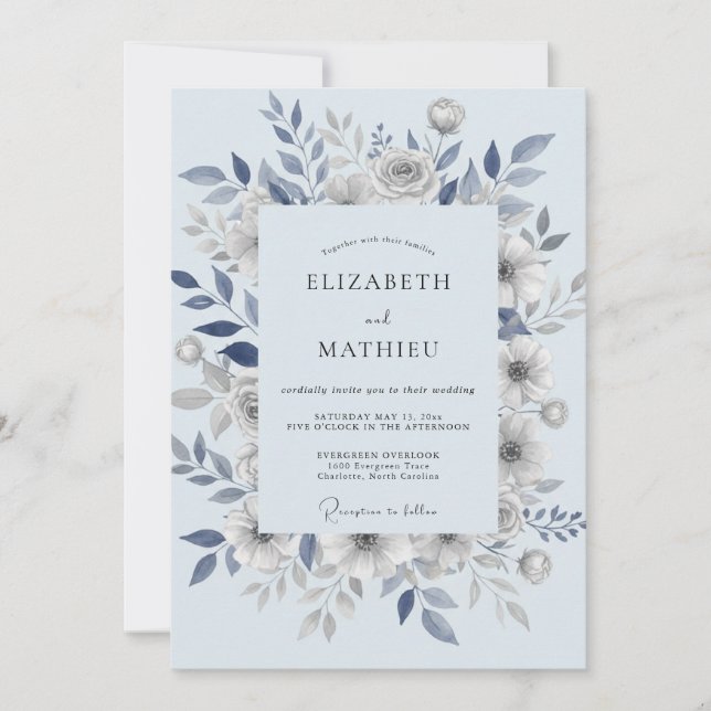 Stahlblaue Blätterhochzeit Einladung (Vorderseite)