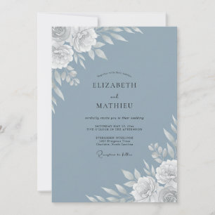 Stahlblaue Botanische Blumige Hochzeit Einladung