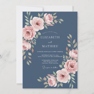 Stahlblaue elegante Rosenhochzeit Einladung
