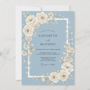 Stahlblaue Elfenbein-Rosen-Hochzeit Einladung