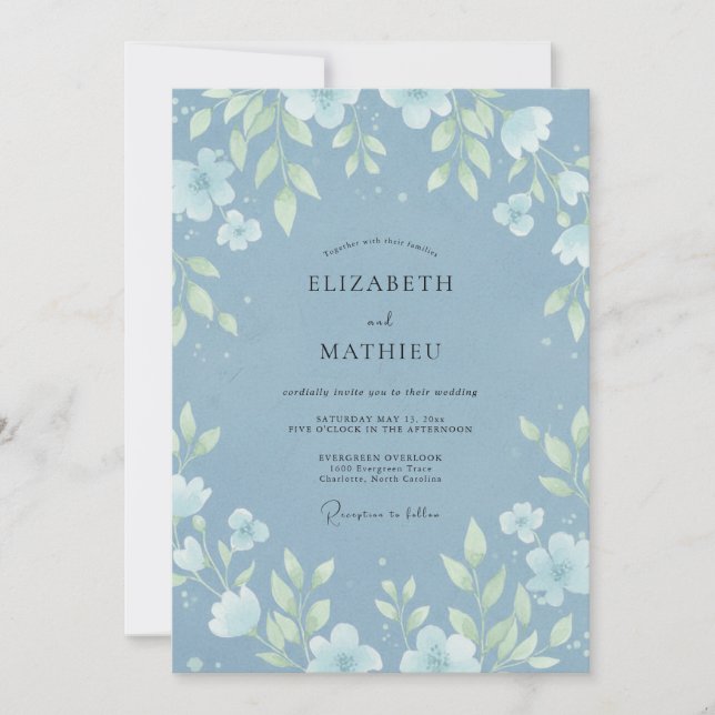 Stahlblaue Hochzeit mit Blättern Einladung (Vorderseite)