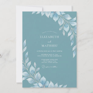 Stahlblaue Hochzeit mit Blattwerk-Salbei Einladung