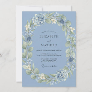 Stahlblaue Hortensien-Eukalyptus-Hochzeit Einladung