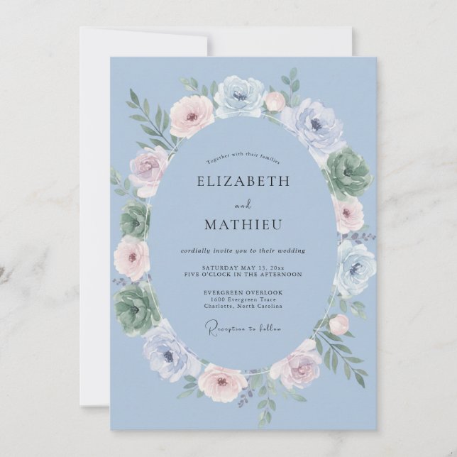Stahlblaue Kranzhochzeit Einladung (Vorderseite)