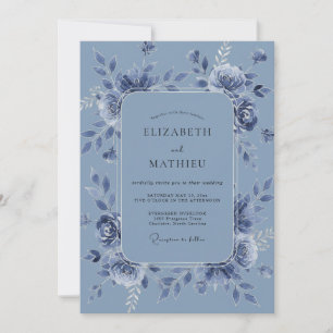 Stahlblaue Pfingstrosen-Hochzeit Einladung