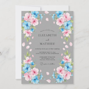 Stahlblaue Pinke Blütenblätter Hochzeit Einladung