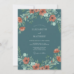 Stahlblaue Rostfarbene Blumige Hochzeit Einladung