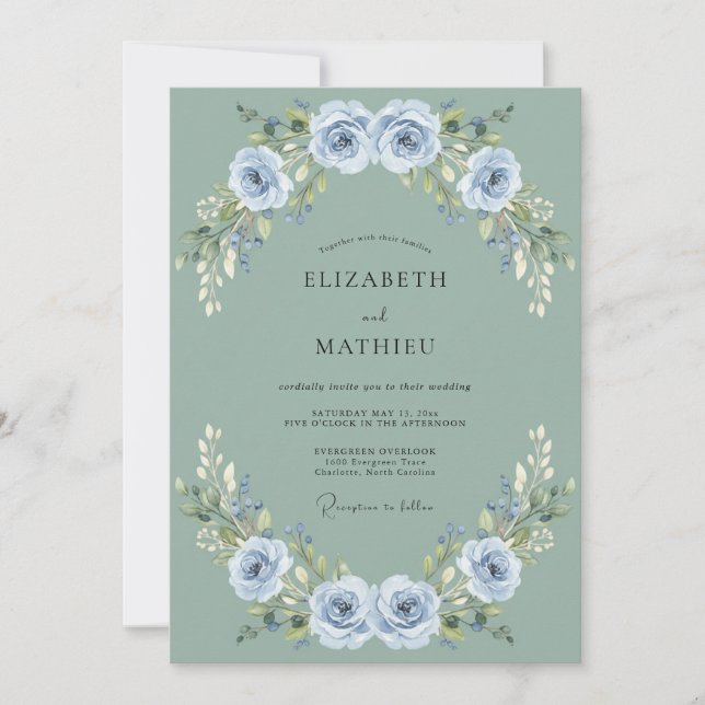 Stahlblaue Soft-Rose-Hochzeit Einladung (Vorderseite)