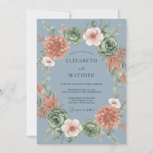 Stahlblaue Terrakotta-Botanische Hochzeit Einladung