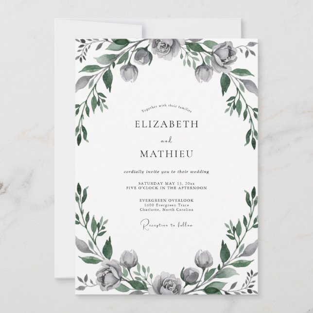 Stahlgraue Blätterhochzeit Einladung (Vorderseite)