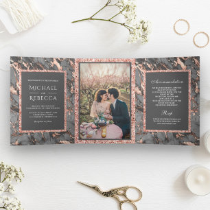 Stahlgraue Marmor-Roségold-Glitzer-Foto-Hochzeit Dreifach Gefaltete Einladung