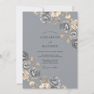 Stahlgraue Rose-Hochzeit Einladung