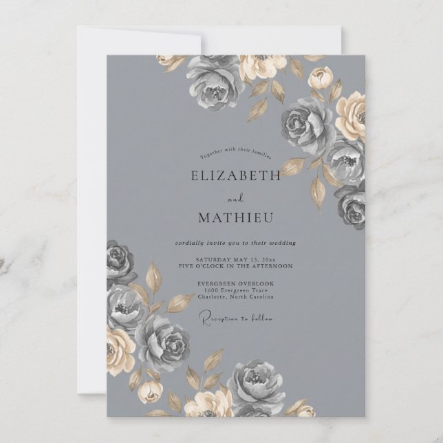 Stahlgraue Rose-Hochzeit Einladung (Vorderseite)