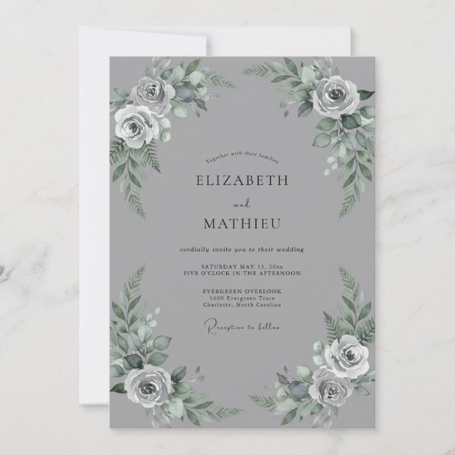 Stahlgraue Rosenhochzeit Einladung (Vorderseite)