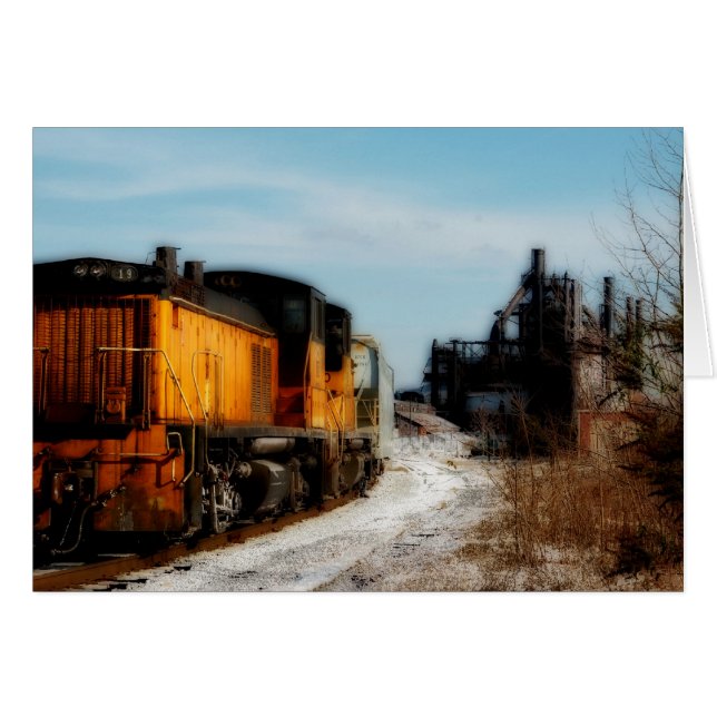 Stahlmühle im Schnee mit Bahn (Vorderseite (Horizontal))