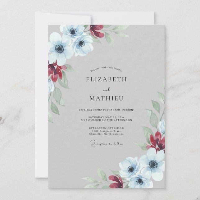 Stahlrote Mohn-Hochzeit Einladung (Vorderseite)