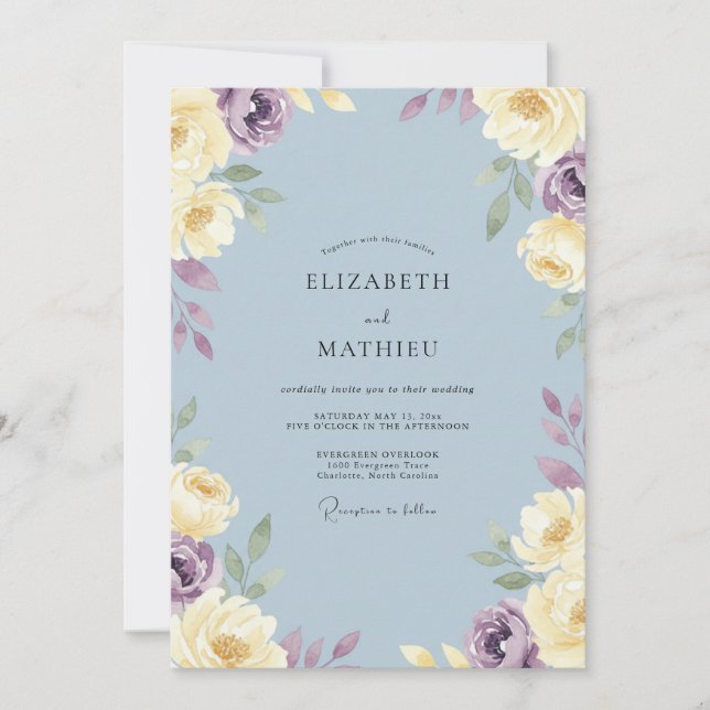 Stahlviolette Hochzeitsblüte Einladung (Vorderseite)