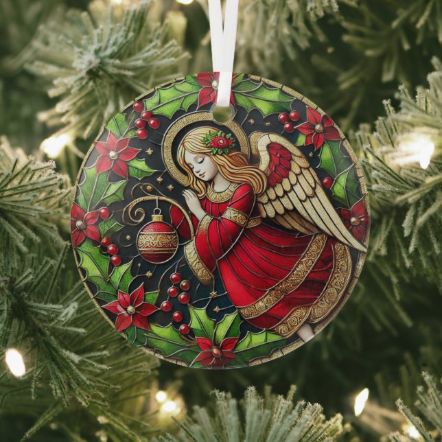 Stain Glass Christmas Angel und Poinsettias Ornament Aus Glas (InSitu)
