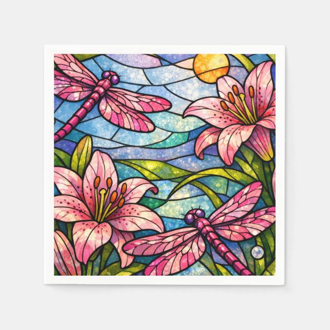 Stain Glass Lilies and Dragonflies Pink Serviette (Vorderseite)