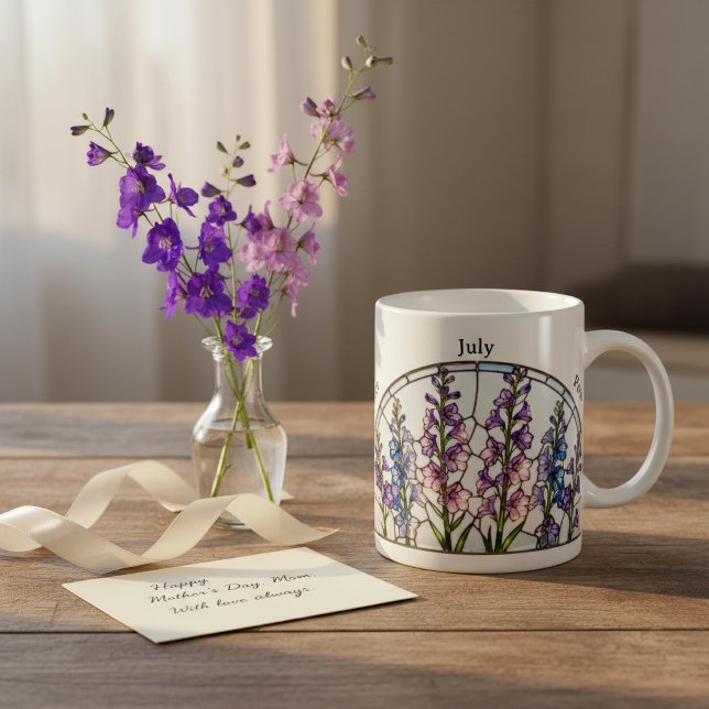 Stained Glass Birth Flower July Larkspur Name Kaffeetasse (Von Creator hochgeladen)