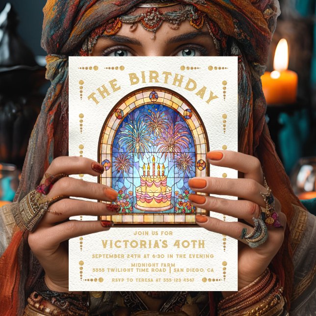 Stained Glass Birthday Party Cake Tarot Card Einladung (Von Creator hochgeladen)