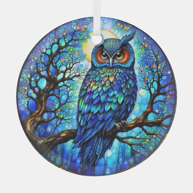 Stained-Glass Blue Owl Circular Glass Ornament (Vorderseite)