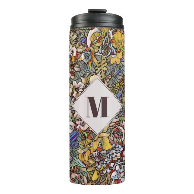 Stained Glass Botanical Floral Monogram Thermosbecher (Vorderseite)