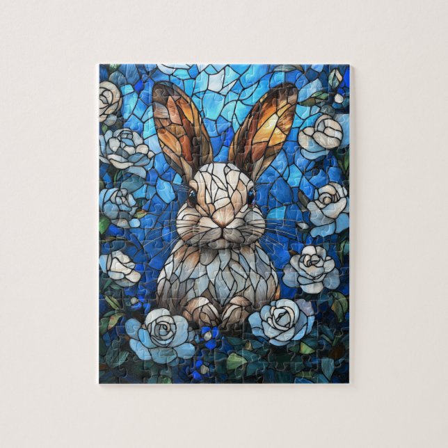 Stained Glass Bunny with White Roses – Jigsaw Puzz Puzzle (Vertikal)