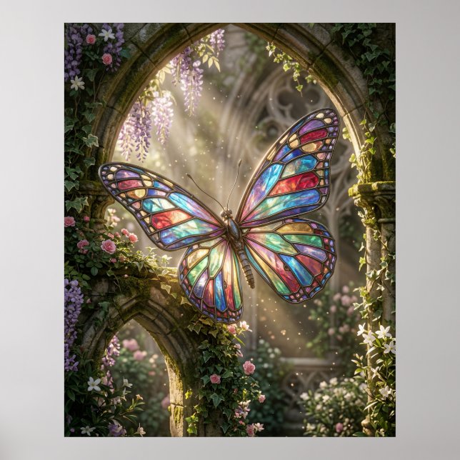 Stained Glass Butterfly Bloom Poster (Vorne)