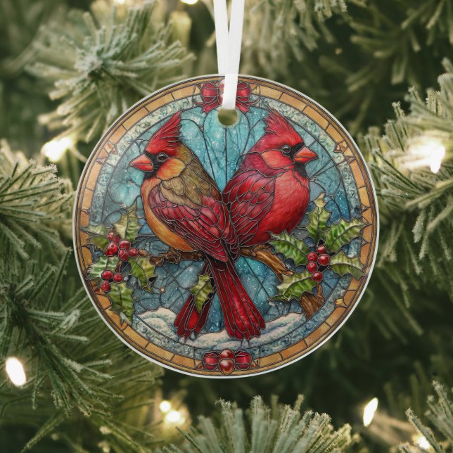 Stained Glass Cardinals on Holly Branch  Ornament Aus Glas (InSitu)