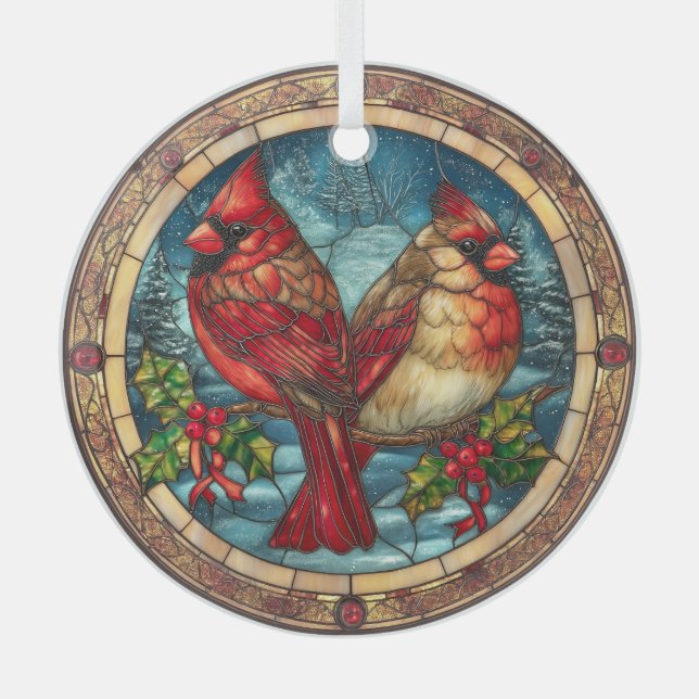 Stained Glass Cardinals on Holly Branch  Ornament Aus Glas (Vorderseite)