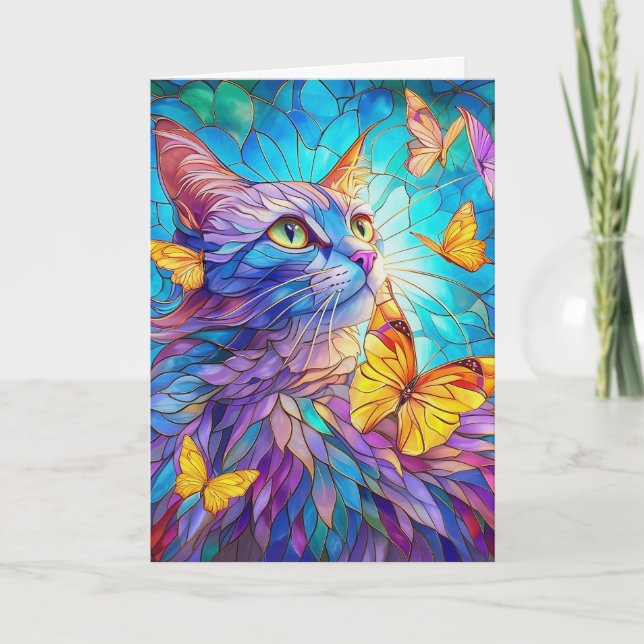 Stained Glass Cat 730 blue yellow butterflies Karte (Vorderseite)