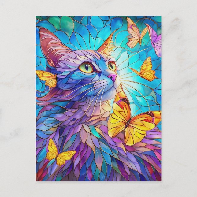 Stained Glass Cat 730 blue yellow butterflies Postkarte (Vorderseite)