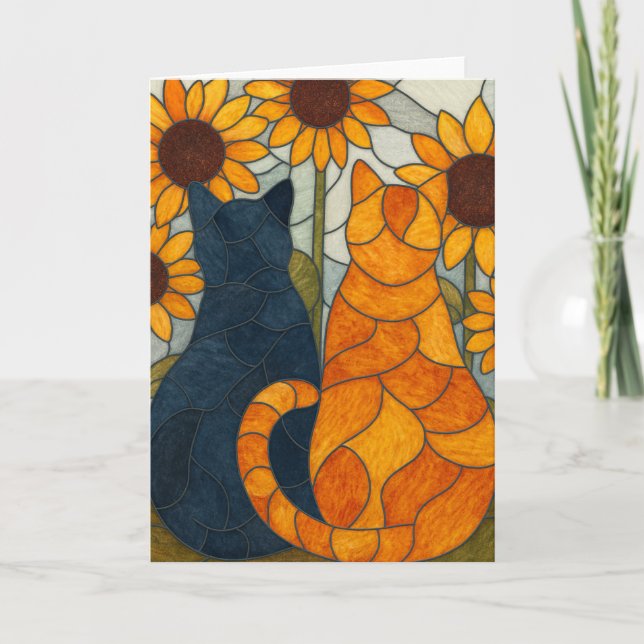 Stained Glass Cats and Sunflowers Art Design Karte (Vorderseite)