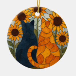 Stained Glass Cats and Sunflowers Art Design Keramik Ornament