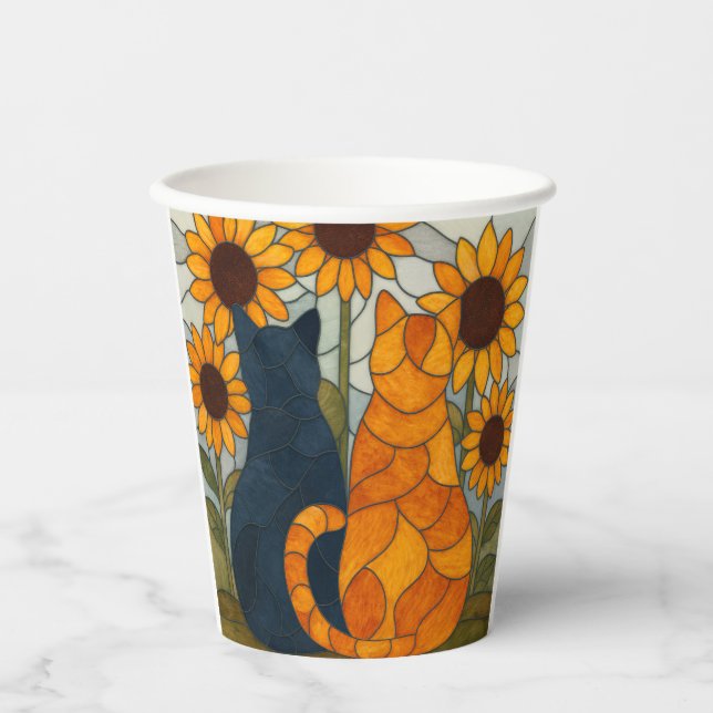 Stained Glass Cats and Sunflowers Art Design Pappbecher (Vorderseite)