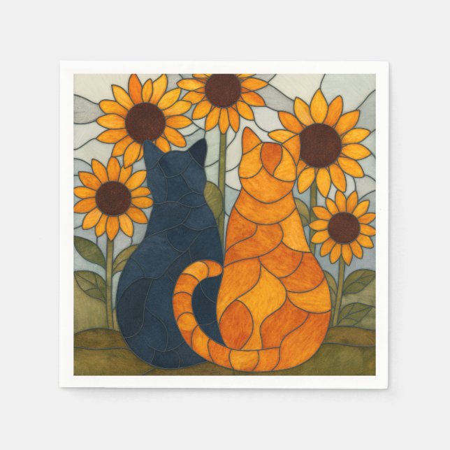 Stained Glass Cats and Sunflowers Art Design Serviette (Vorderseite)