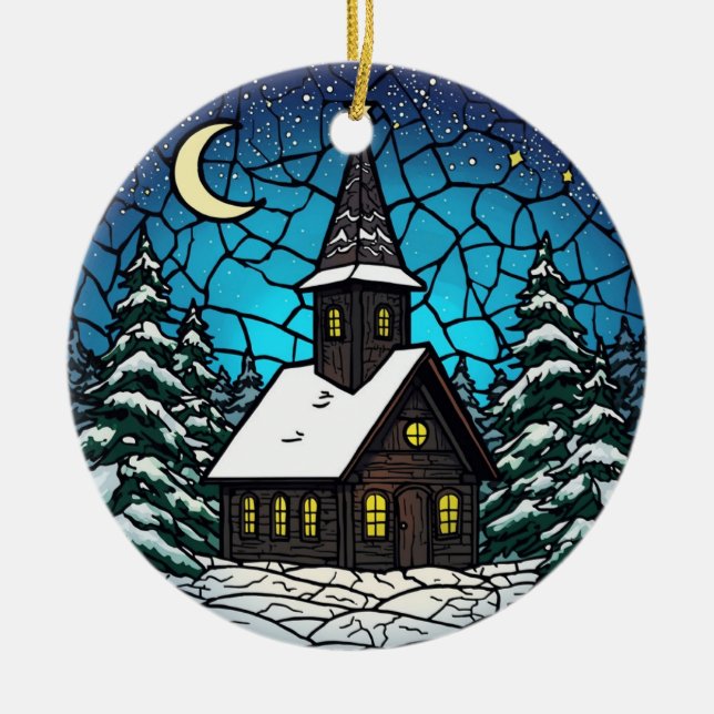 Stained Glass Chapel Winter Night Keramik Ornament (Vorne)