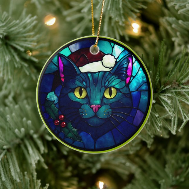 Stained-Glass Christmas Black Cat In Red Hat Keramik Ornament (Baum)