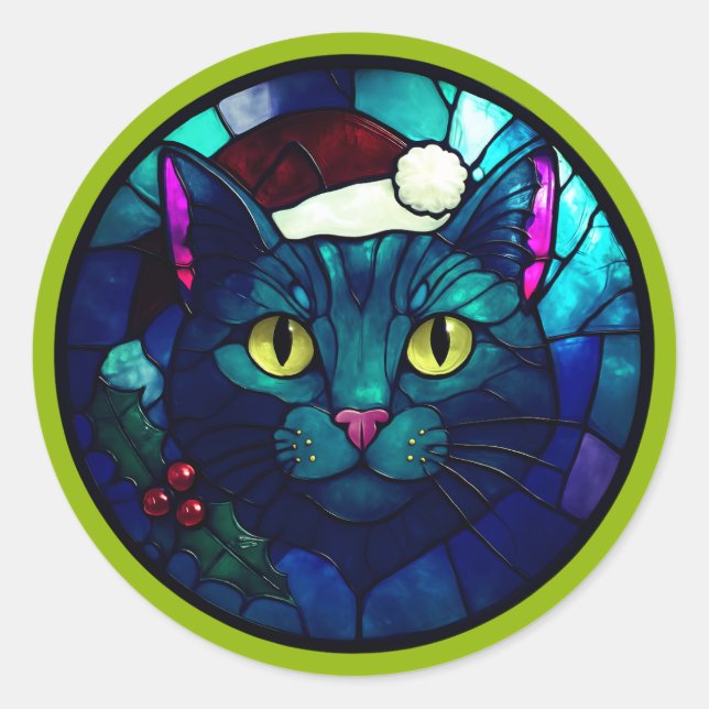 Stained-Glass Christmas Black Cat In Red Hat Runder Aufkleber (Vorderseite)