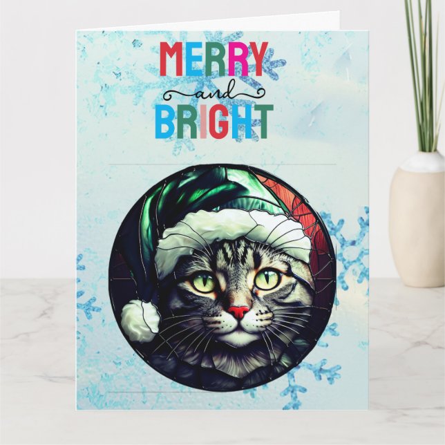 Stained-Glass Christmas Grey Tabby In Green Hat Karte (Vorderseite)