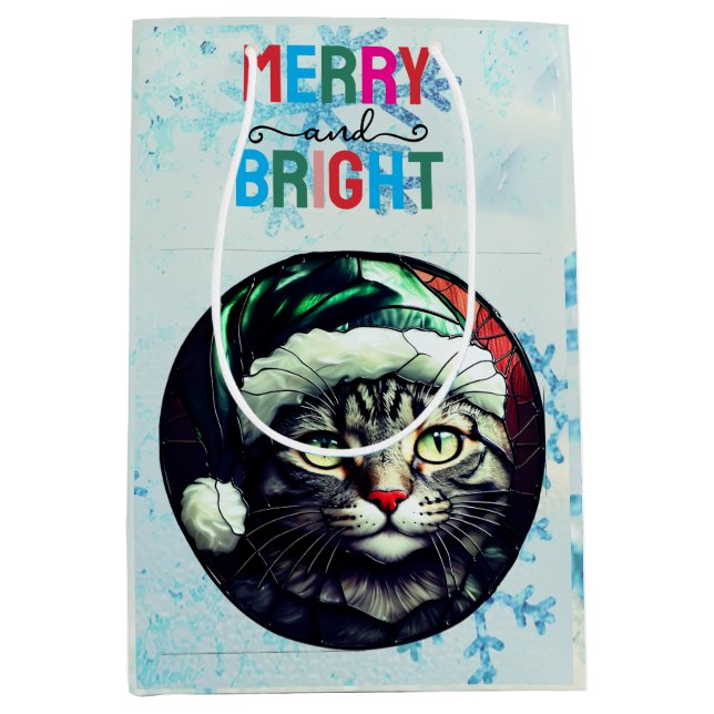 Stained-Glass Christmas Grey Tabby In Green Hat Mittlere Geschenktüte (Vorderseite)