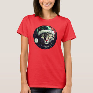 Stained-Glass Christmas Grey Tabby In Green Hat T-Shirt
