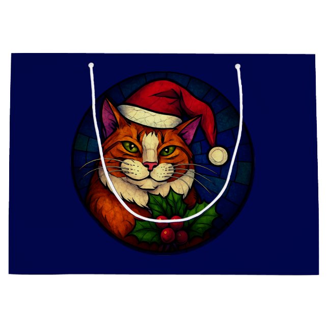 Stained-Glass Christmas Orange Tabby Cat Große Geschenktüte (Vorderseite)